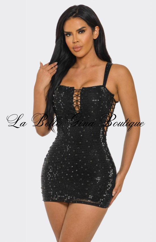 Midnight Temptress Black Lace-Up Sequin Mini Dress | Sexy Bodycon Night Out Dress