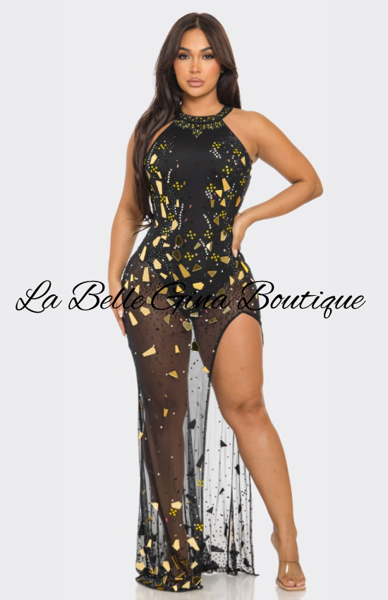 Glam Mirror Shard High Slit Gown – Sparkly Sheer Mesh Maxi Dress | La Belle Gina Boutique