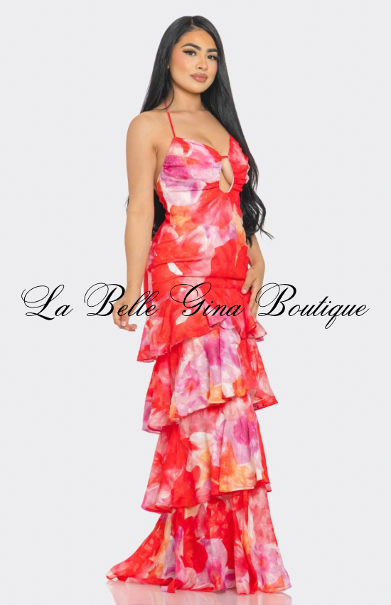 Tropical Desire Tiered Ruffle Maxi Dress – Cutout Halter Summer Dress