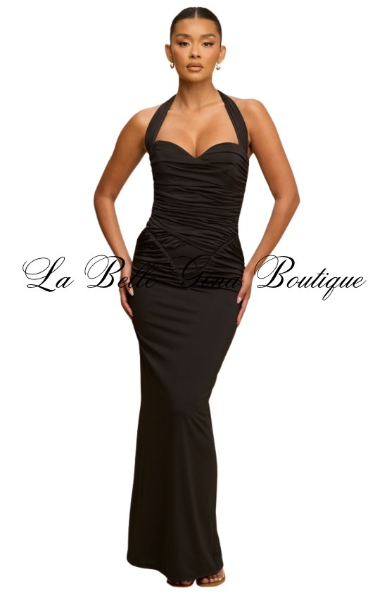 Scarlet Muse Ruched Halter Maxi Dress – Elegant Bodycon Evening Dress | La Belle Gina Boutique