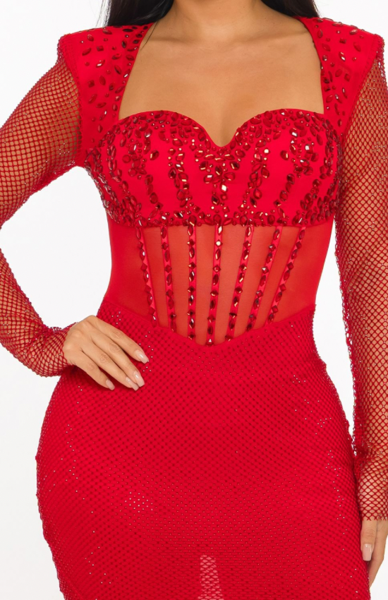 Midnight Temptress Rhinestone Mesh Corset Mini Dress – Black & Red | La Belle Gina Boutique