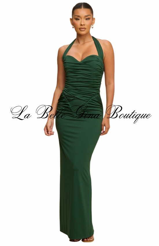 Scarlet Muse Ruched Halter Maxi Dress – Elegant Bodycon Evening Dress | La Belle Gina Boutique