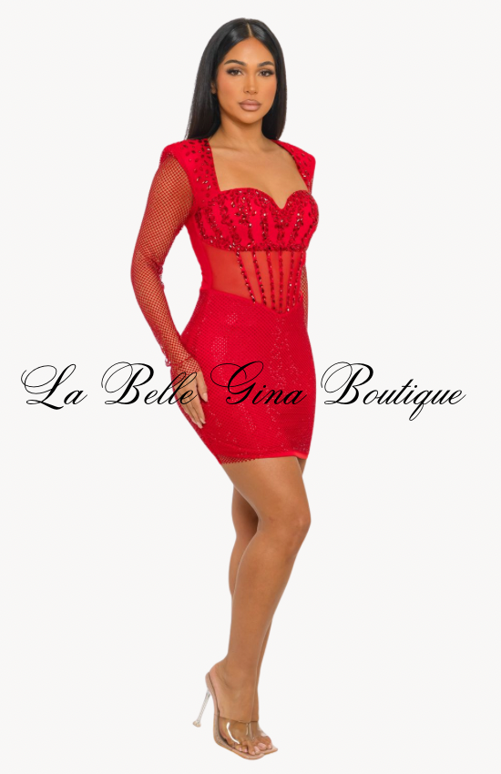 Midnight Temptress Rhinestone Mesh Corset Mini Dress – Black & Red | La Belle Gina Boutique