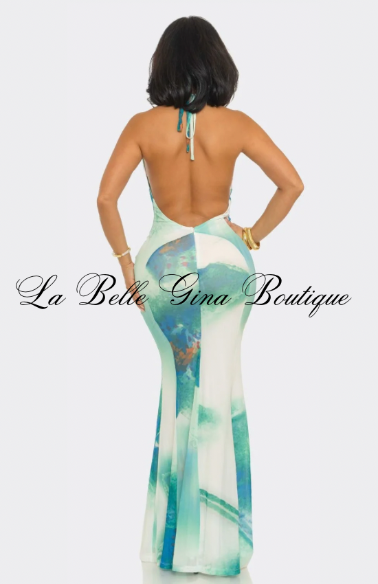 Sunset Muse Halter Cowl Neck Maxi Dress – Colorful Bodycon Evening & Vacation Dress | La Belle Gina Boutique
