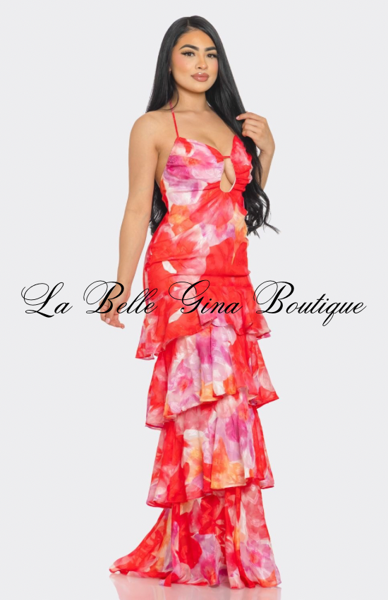 Tropical Desire Tiered Ruffle Maxi Dress – Cutout Halter Summer Dress