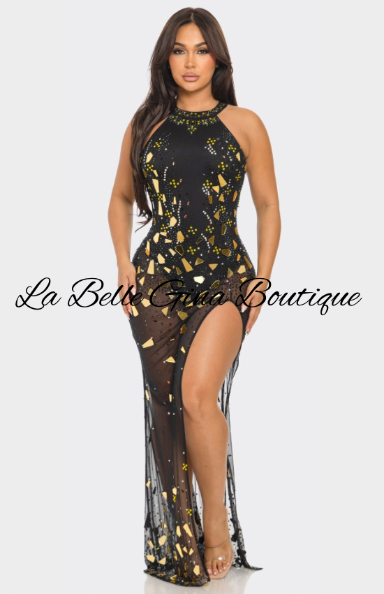 Glam Mirror Shard High Slit Gown – Sparkly Sheer Mesh Maxi Dress | La Belle Gina Boutique