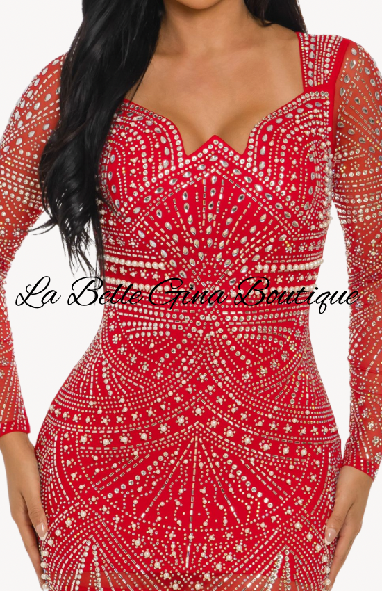 Luxury Rhinestone Long Sleeve Mini Dress – Sparkly Bodycon Party Dress | La Belle Gina Boutique