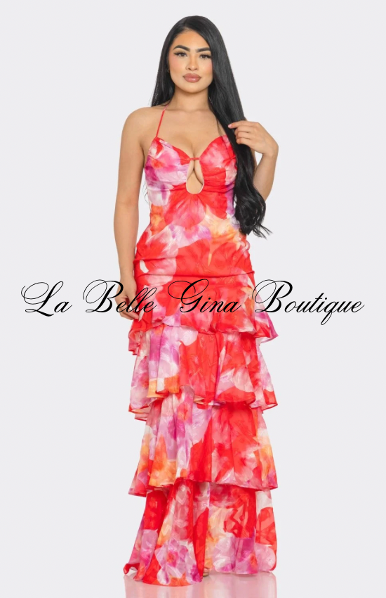 Tropical Desire Tiered Ruffle Maxi Dress – Cutout Halter Summer Dress