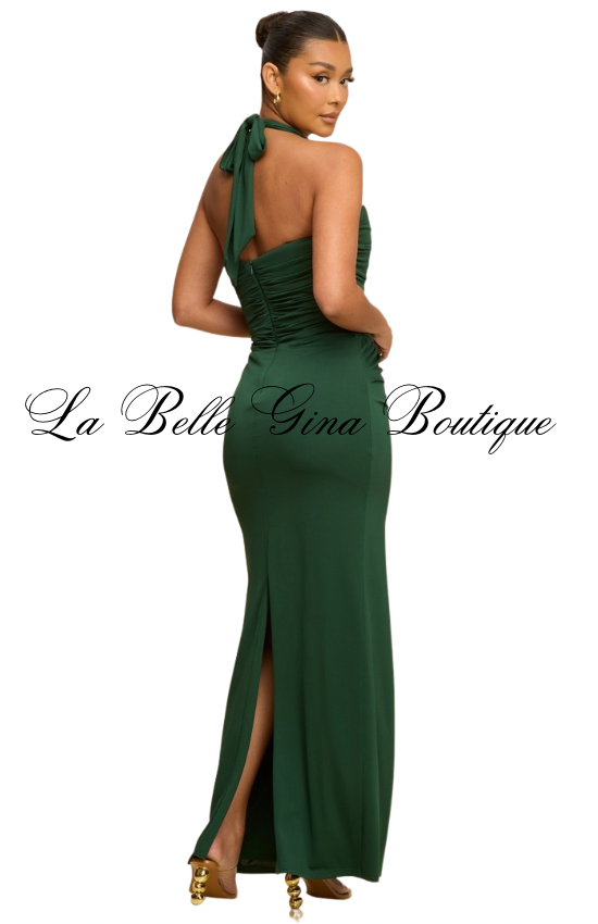 Scarlet Muse Ruched Halter Maxi Dress – Elegant Bodycon Evening Dress | La Belle Gina Boutique