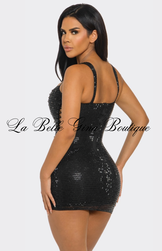 Midnight Temptress Black Lace-Up Sequin Mini Dress | Sexy Bodycon Night Out Dress