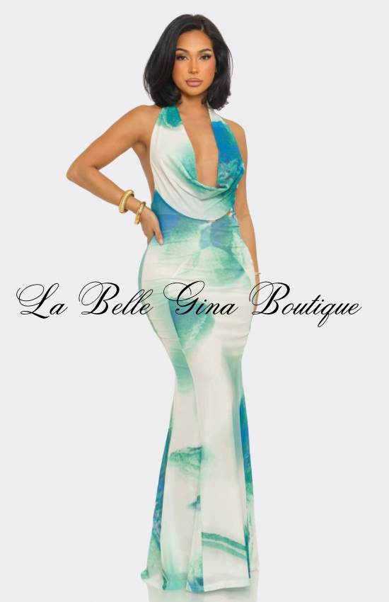 Sunset Muse Halter Cowl Neck Maxi Dress – Colorful Bodycon Evening & Vacation Dress | La Belle Gina Boutique