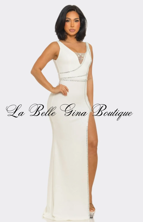 Diamond Allure Crystal Trim Maxi Dress – Elegant High Slit Evening Gown | La Belle Gina BoutiqueL