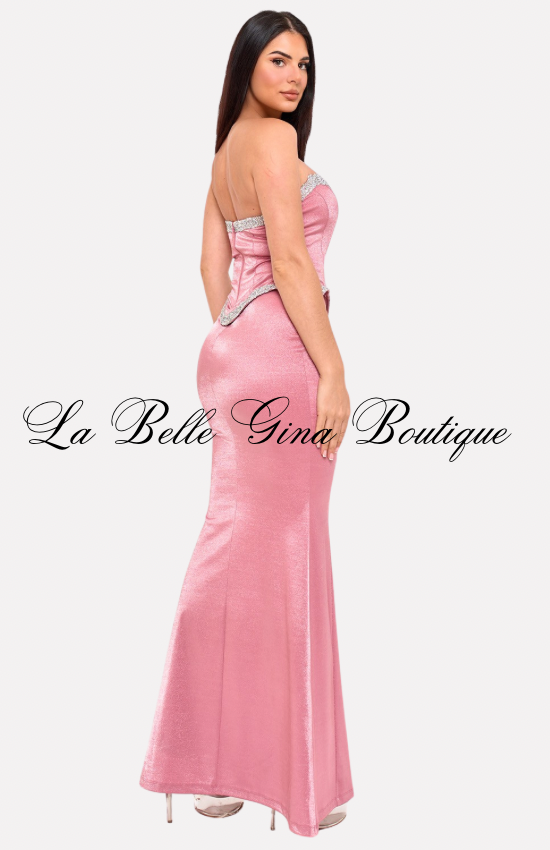 Celeste Glow Strapless Rhinestone Trim Mermaid Maxi Dress | La Belle Gina Boutique