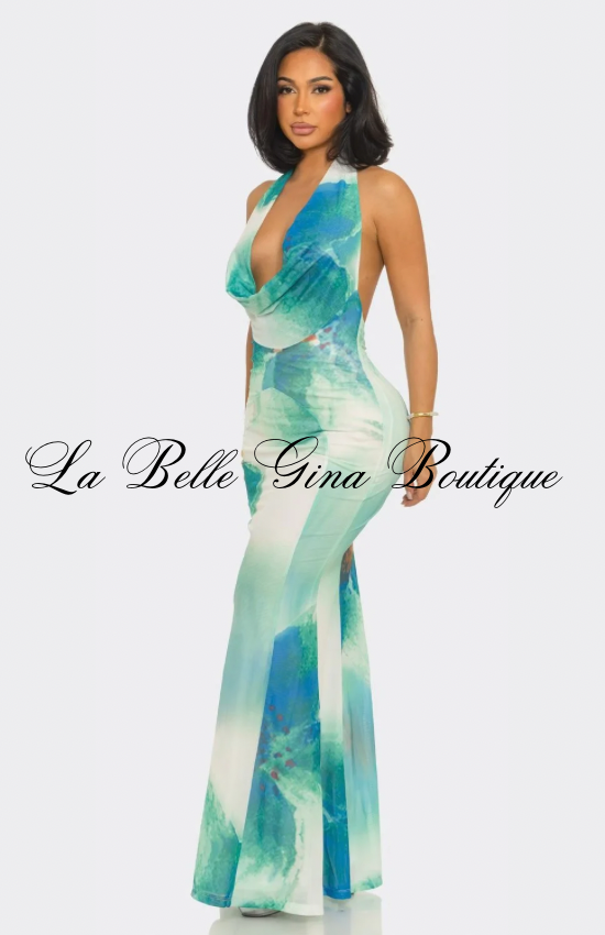 Sunset Muse Halter Cowl Neck Maxi Dress – Colorful Bodycon Evening & Vacation Dress | La Belle Gina Boutique