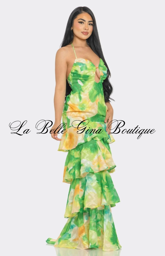 Tropical Desire Tiered Ruffle Maxi Dress – Cutout Halter Summer Dress