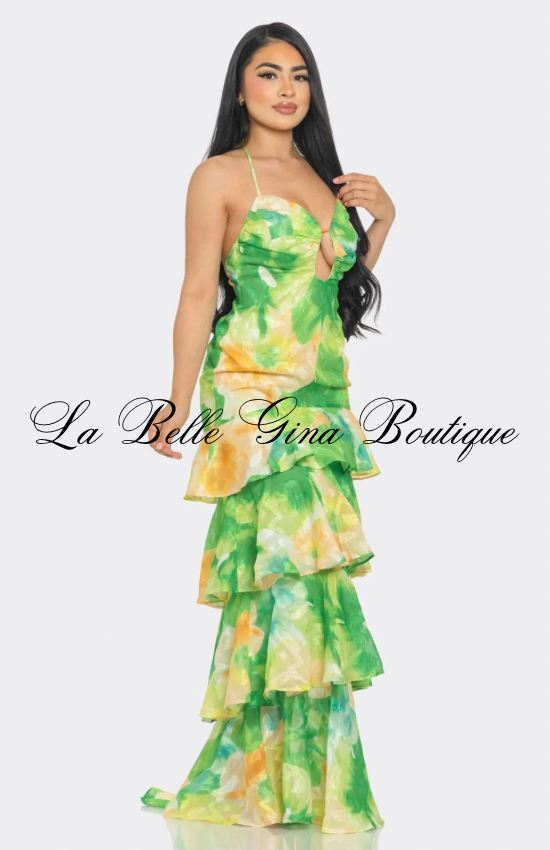 Tropical Desire Tiered Ruffle Maxi Dress – Cutout Halter Summer Dress