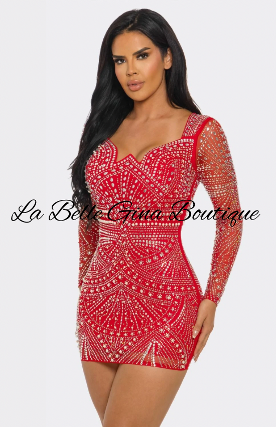 Luxury Rhinestone Long Sleeve Mini Dress – Sparkly Bodycon Party Dress | La Belle Gina Boutique
