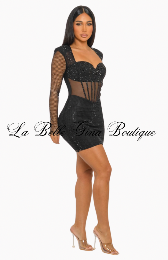 Midnight Temptress Rhinestone Mesh Corset Mini Dress – Black & Red | La Belle Gina Boutique