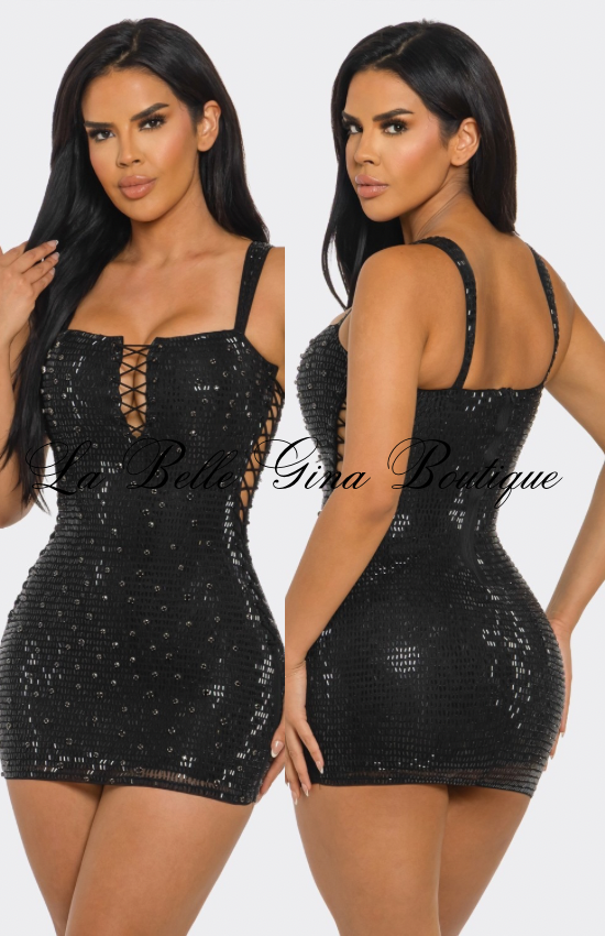 Midnight Temptress Black Lace-Up Sequin Mini Dress | Sexy Bodycon Night Out Dress