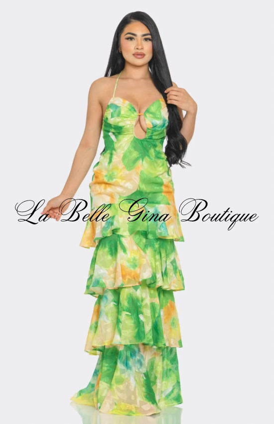 Tropical Desire Tiered Ruffle Maxi Dress – Cutout Halter Summer Dress