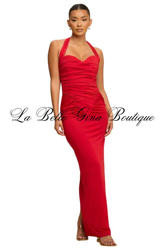 Scarlet Muse Ruched Halter Maxi Dress – Elegant Bodycon Evening Dress | La Belle Gina Boutique