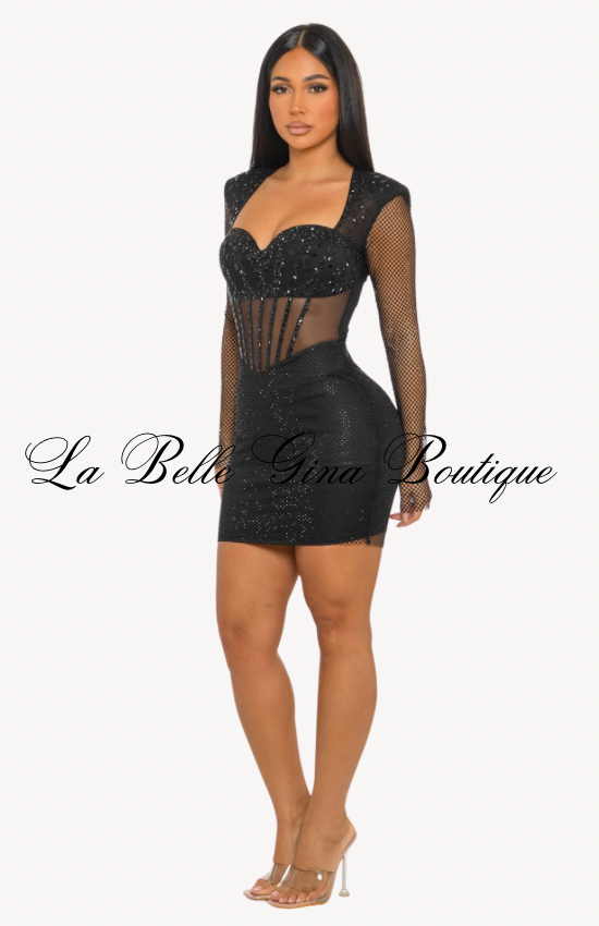 Midnight Temptress Rhinestone Mesh Corset Mini Dress – Black & Red | La Belle Gina Boutique
