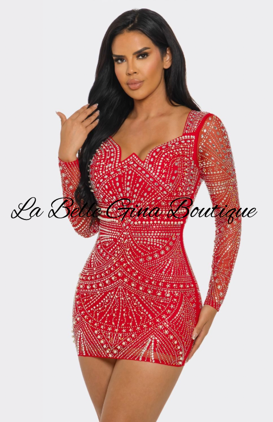 Luxury Rhinestone Long Sleeve Mini Dress – Sparkly Bodycon Party Dress | La Belle Gina Boutique