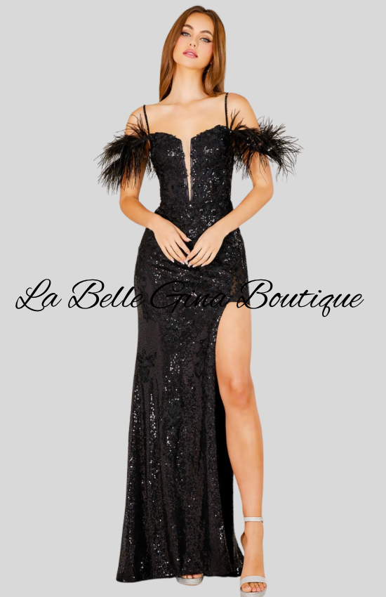 Feather Sequin Off-Shoulder Evening Gown – Luxury Prom & Party Dress