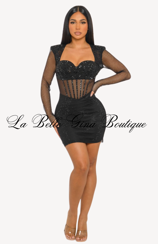 Midnight Temptress Rhinestone Mesh Corset Mini Dress – Black & Red | La Belle Gina Boutique