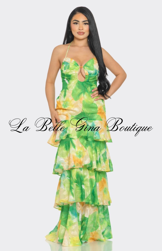 Tropical Desire Tiered Ruffle Maxi Dress – Cutout Halter Summer Dress