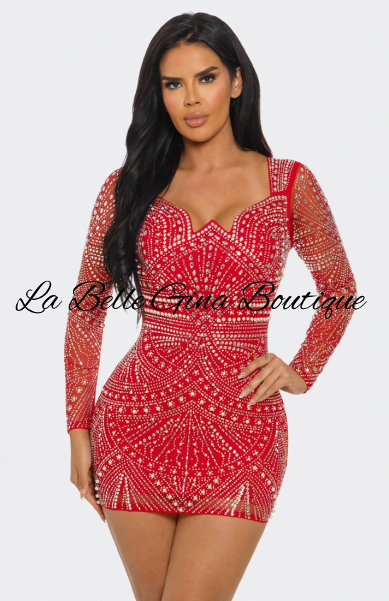 Luxury Rhinestone Long Sleeve Mini Dress – Sparkly Bodycon Party Dress | La Belle Gina Boutique
