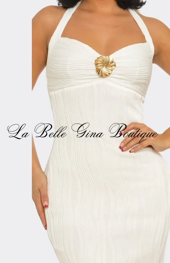 Golden Coast Halter Maxi Dress – Elegant Bodycon Resort Evening Dress | La Belle Gina Boutique