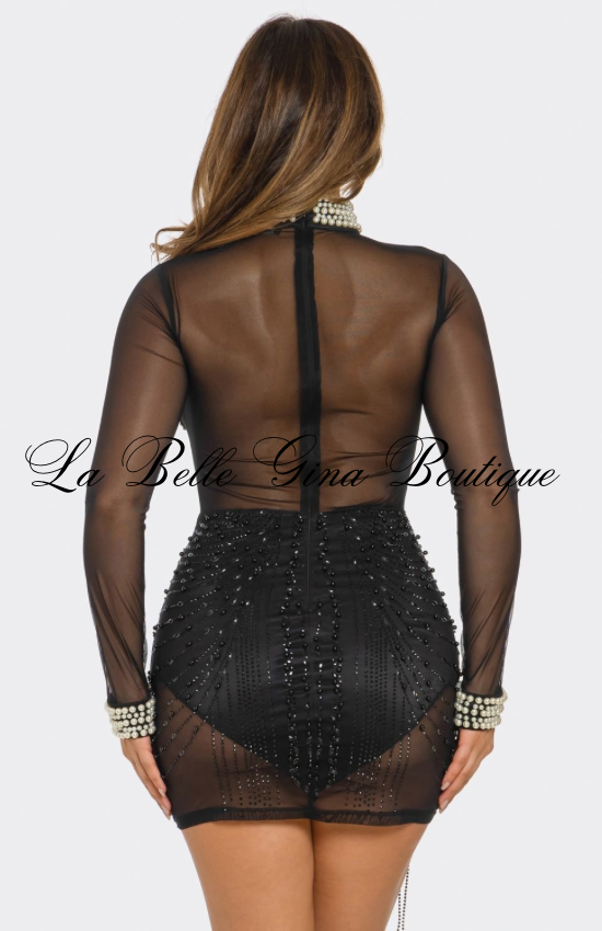 Midnight Heiress Crystal Mesh Mini Dress | Sheer Rhinestone Bodycon Party Dress