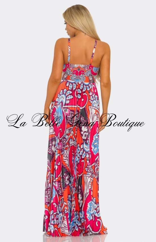 Luxury Printed Pleated Halter Maxi Dress – Resort Vacation Flowing Summer Dress for Women