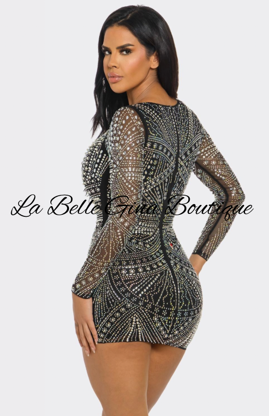 Luxury Rhinestone Long Sleeve Mini Dress – Sparkly Bodycon Party Dress | La Belle Gina Boutique