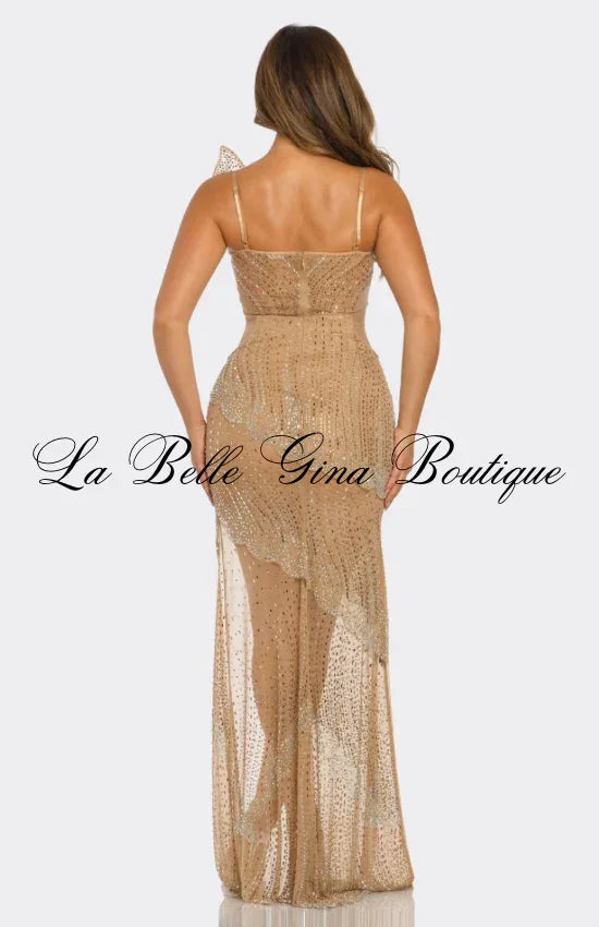 Midnight Temptress Black Crystal Illusion High-Slit Evening Gown | La Belle Gina Boutique
