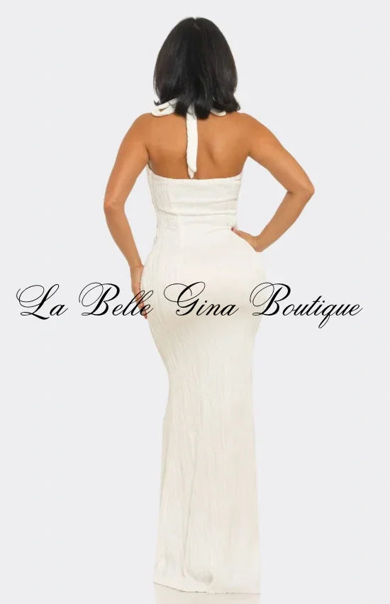 Golden Coast Halter Maxi Dress – Elegant Bodycon Resort Evening Dress | La Belle Gina Boutique