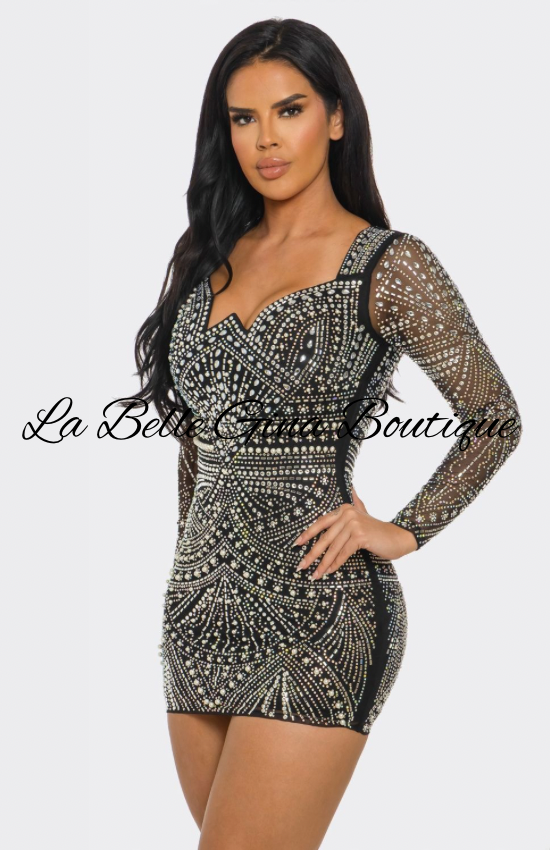 Luxury Rhinestone Long Sleeve Mini Dress – Sparkly Bodycon Party Dress | La Belle Gina Boutique