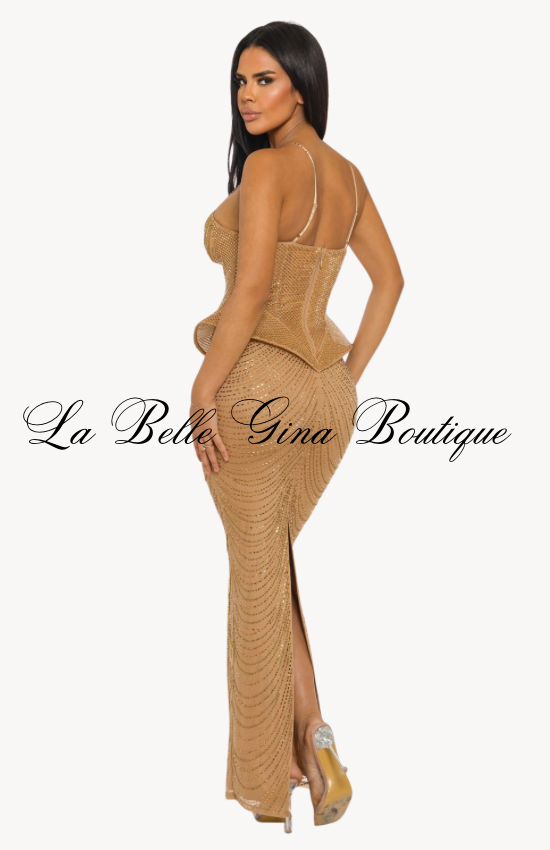 Gilded Siren Corset Peplum Maxi Dress – Luxury Rhinestone Evening Gown