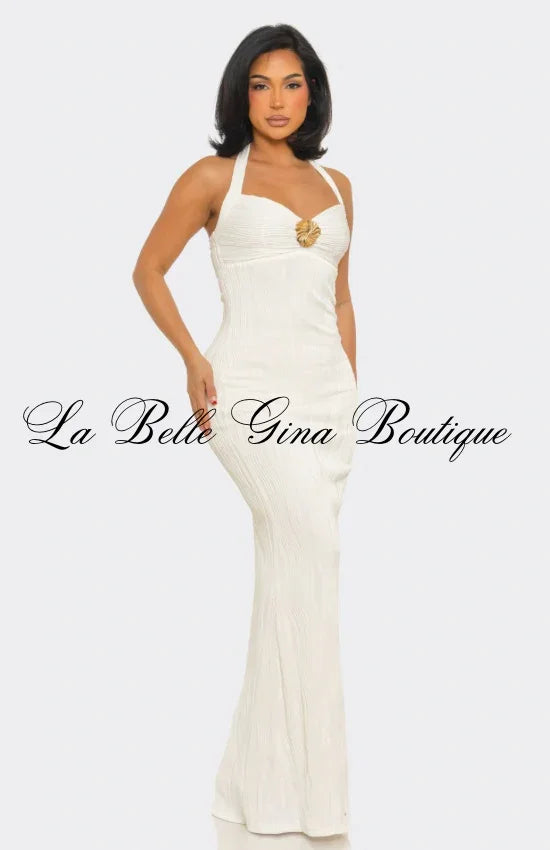 Golden Coast Halter Maxi Dress – Elegant Bodycon Resort Evening Dress | La Belle Gina Boutique