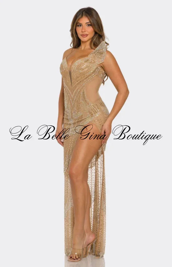 Midnight Temptress Black Crystal Illusion High-Slit Evening Gown | La Belle Gina Boutique