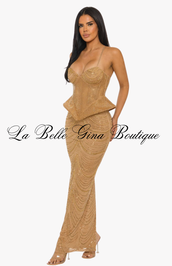 Gilded Siren Corset Peplum Maxi Dress – Luxury Rhinestone Evening Gown