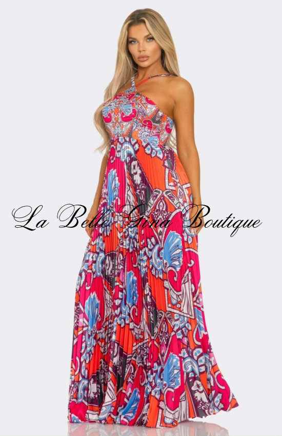 Luxury Printed Pleated Halter Maxi Dress – Resort Vacation Flowing Summer Dress for Women
