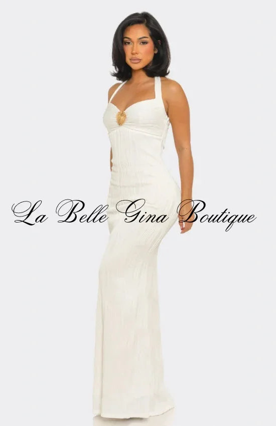 Golden Coast Halter Maxi Dress – Elegant Bodycon Resort Evening Dress | La Belle Gina Boutique