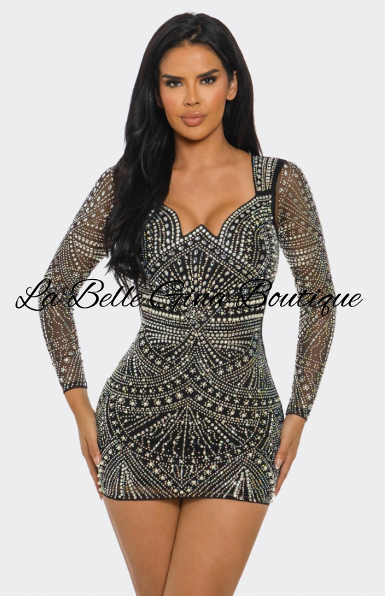 Luxury Rhinestone Long Sleeve Mini Dress – Sparkly Bodycon Party Dress | La Belle Gina Boutique
