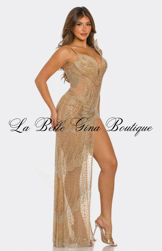Midnight Temptress Black Crystal Illusion High-Slit Evening Gown | La Belle Gina Boutique