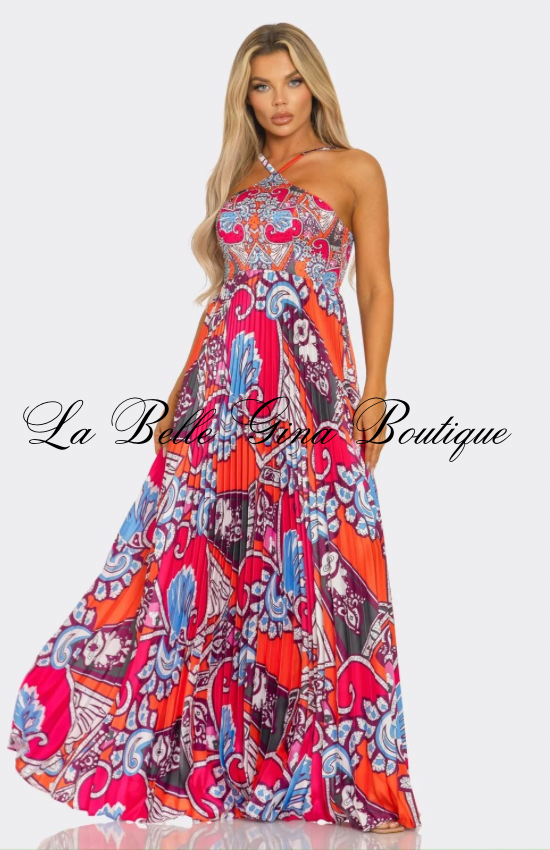 Luxury Printed Pleated Halter Maxi Dress – Resort Vacation Flowing Summer Dress for Women