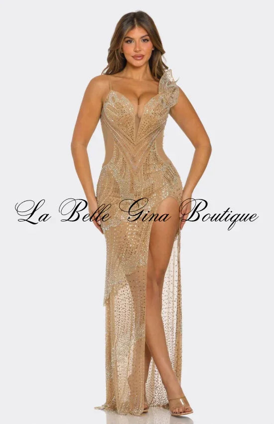 Midnight Temptress Black Crystal Illusion High-Slit Evening Gown | La Belle Gina Boutique