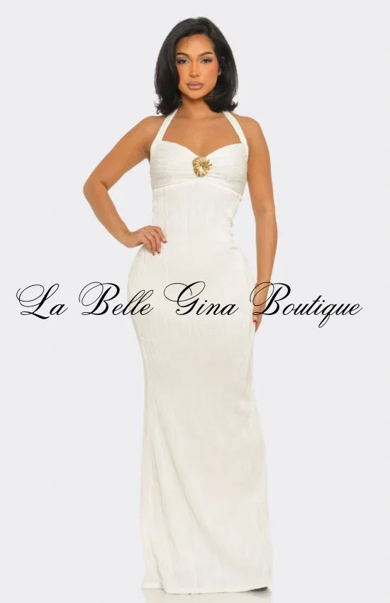 Golden Coast Halter Maxi Dress – Elegant Bodycon Resort Evening Dress | La Belle Gina Boutique