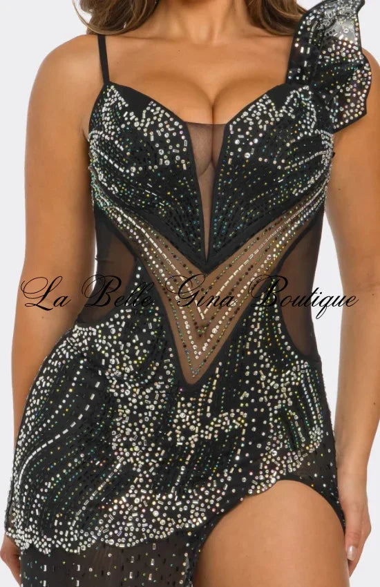 Midnight Temptress Black Crystal Illusion High-Slit Evening Gown | La Belle Gina Boutique